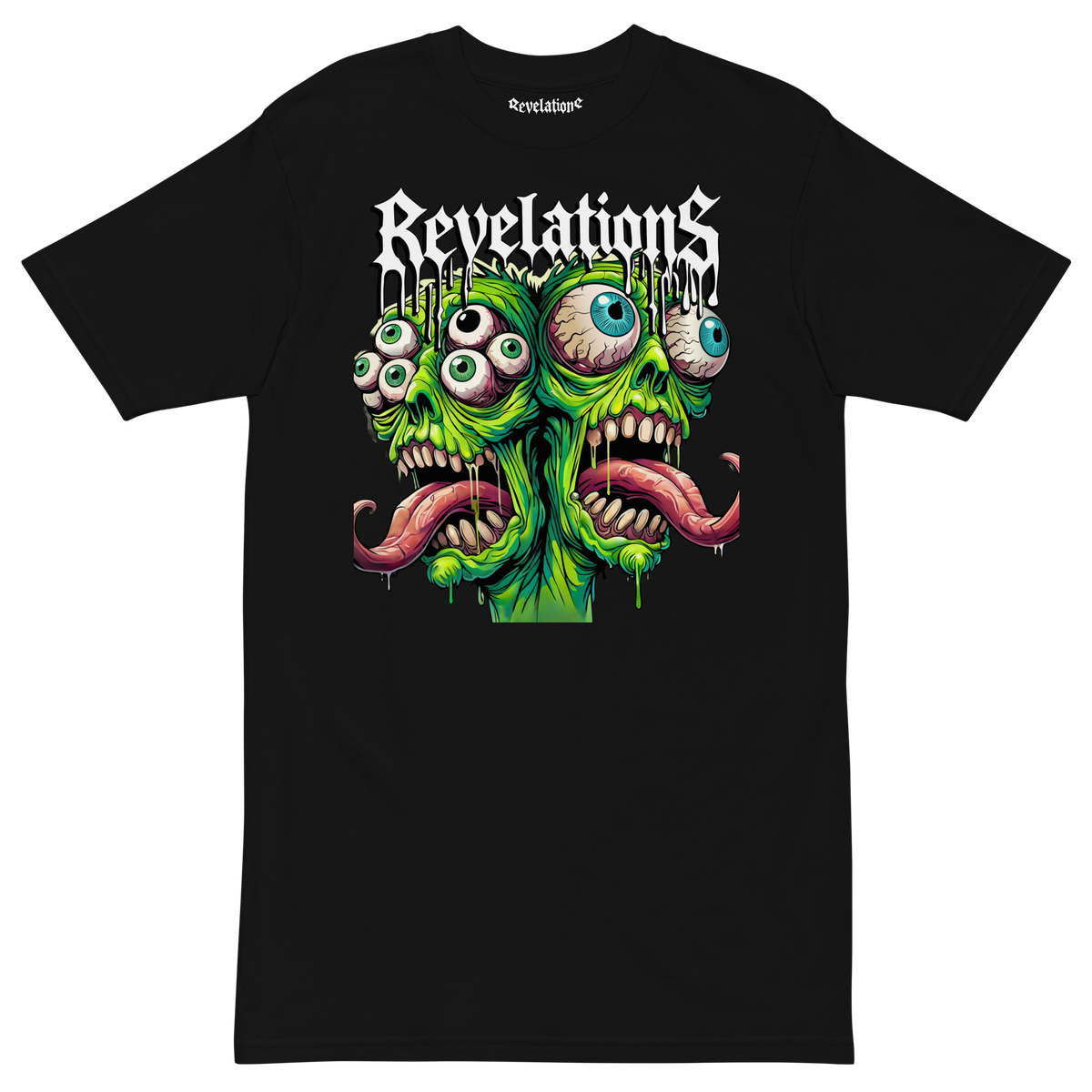 Black Twin Zombiies graphic t-shirt with a vibrant, grotesque two-headed green zombie illustration and white "Revelations" text above the design
