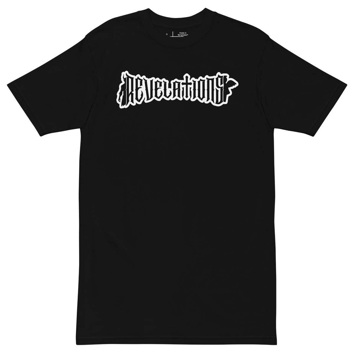 Black men’s premium heavyweight tee with white "REVELATIONS" text graphic on front, made from soft ring-spun cotton with a regular fit.