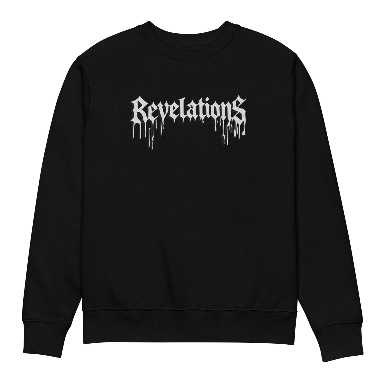 Black StreetForm GhostCore sweatshirt with white dripping "Revelations" text, made from 100% organic ring-spun combed cotton, regular fit, ribbed collar and hems.