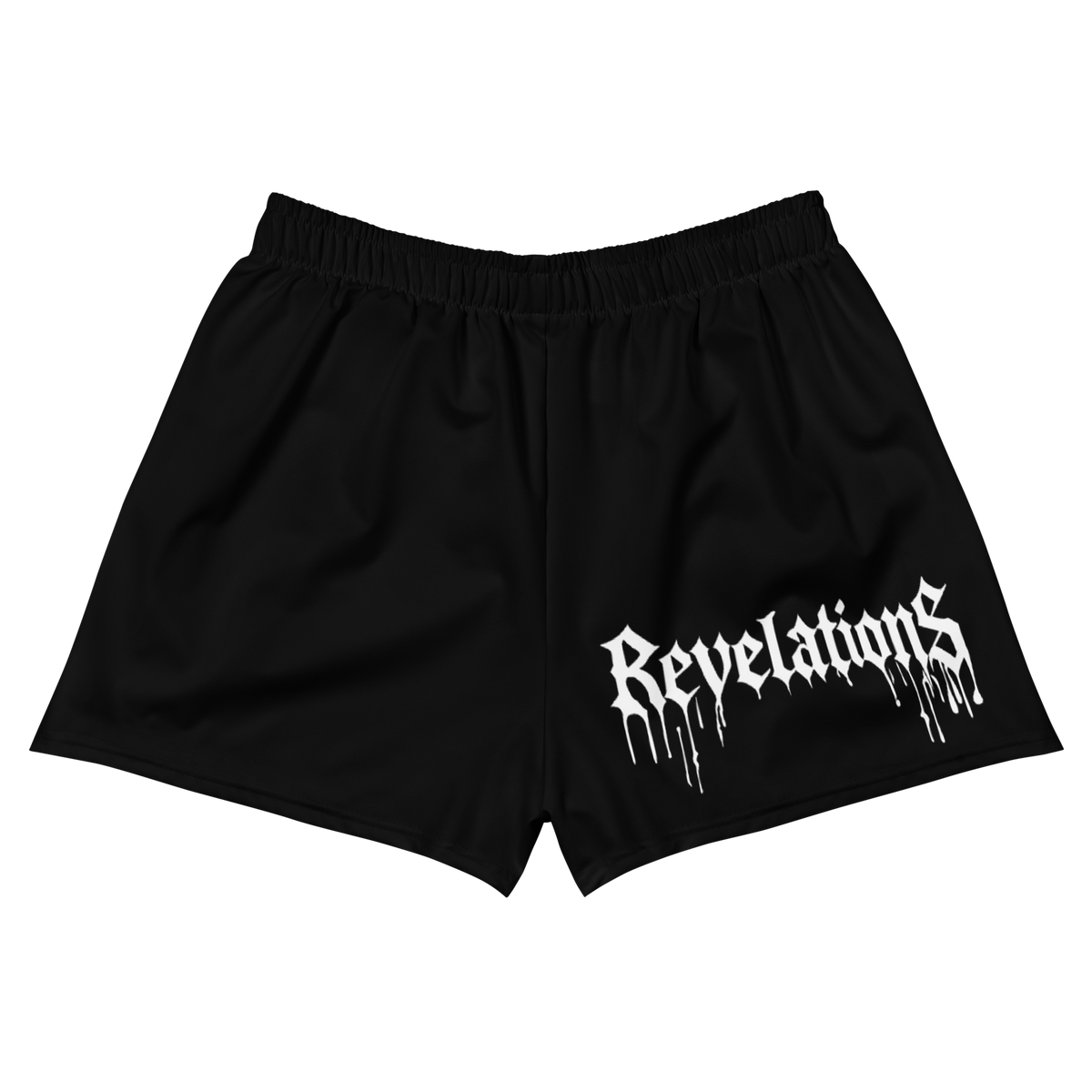 Black RUN//IT Hades Angel athletic shorts with elastic waistband, white "Revelations" text, 2.5-inch inseam, made from moisture-wicking recycled polyester and spandex fabric.