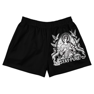 Black RUNIT The Saint shorts with elastic waistband, white "Stay Pure" graphic, four-way stretch moisture-wicking fabric, and mesh side pockets.