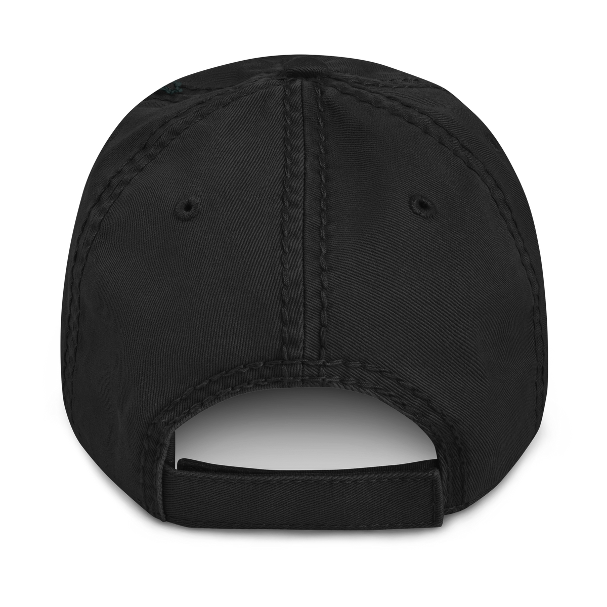 Black distressed ball cap with adjustable hook and loop closure and six sewn eyelets, made of 100% pre-shrunk cotton twill.