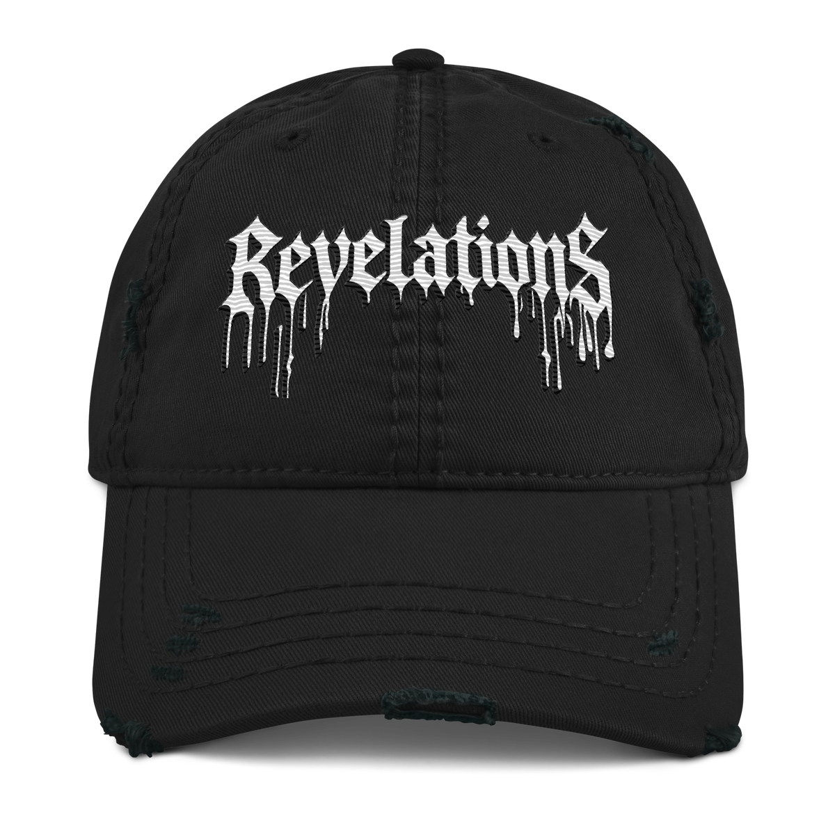 Black distressed ball cap with white dripping "revelations" text on front and adjustable strap