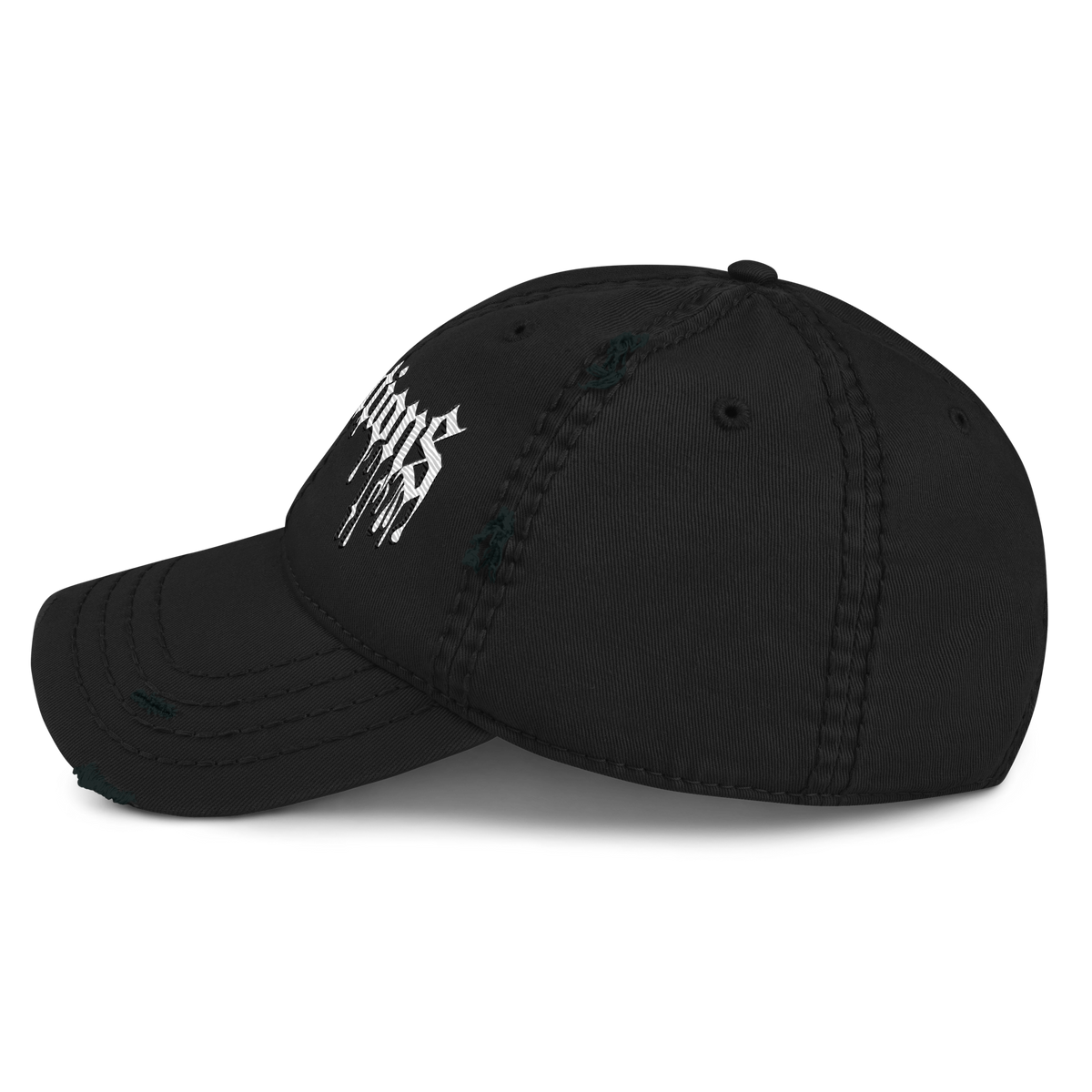 Black distressed ball cap with white graffiti-style text and adjustable hook and loop closure