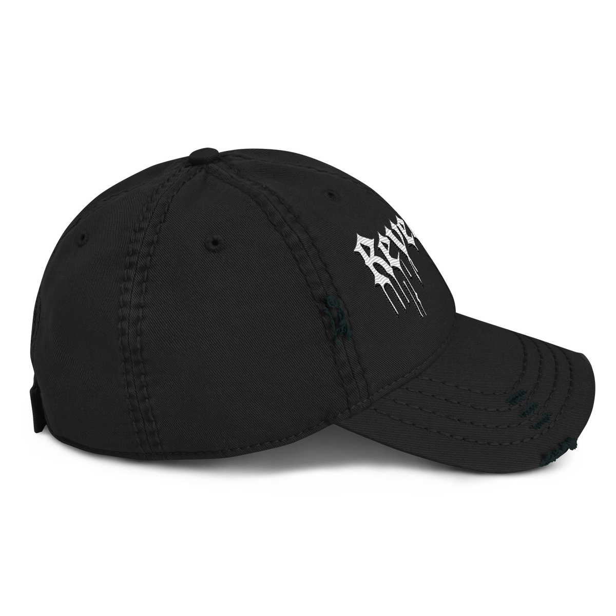 Black distressed ball cap with white embroidered text and adjustable strap closure