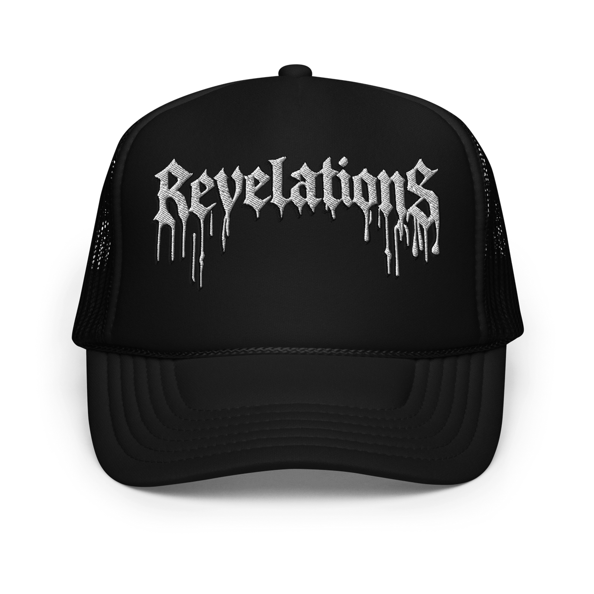Black Trucker Cap GhostCore with mesh back and silver "Revelations" embroidery in dripping font style