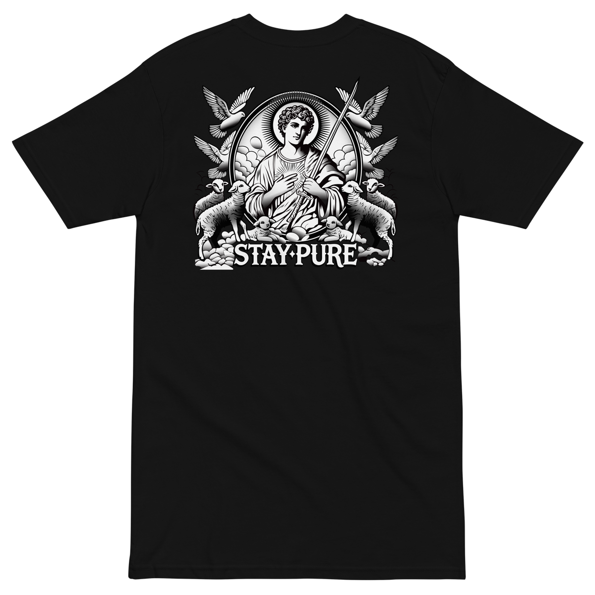 Black heavyweight men's t-shirt "The Saint" with detailed white saint graphic, lambs, doves, and "STAY PURE" text.