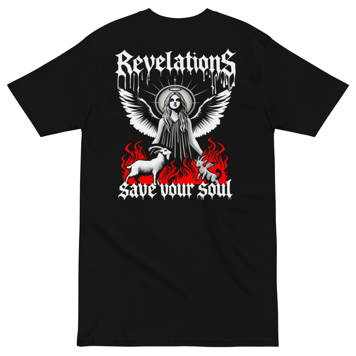 Black men’s premium heavyweight tee with "Revelations save your soul" graphic featuring an angel and flames.