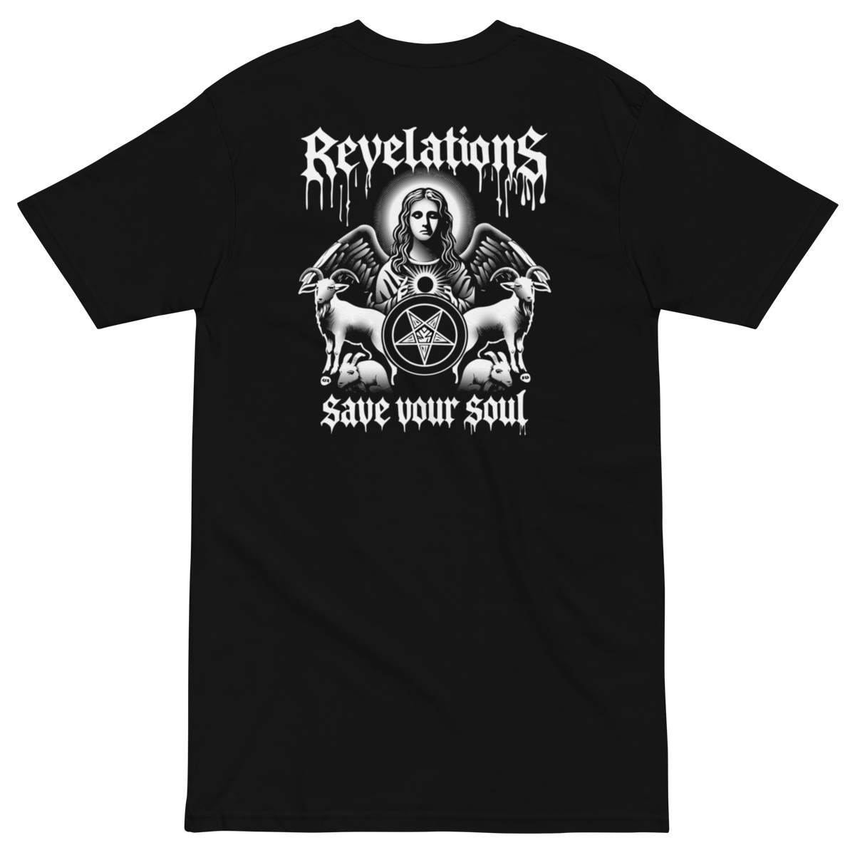 Black Hades Angel t-shirt with gothic angel, goats, pentagram, and "Revelations save your soul" text design on the back