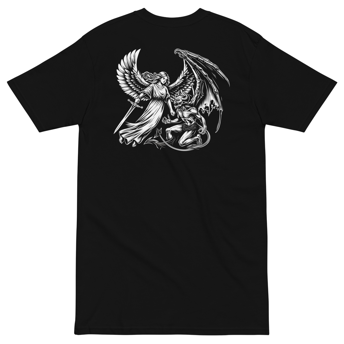 Men’s premium heavyweight tee with angel and demon graphic on black ring-spun cotton fabric