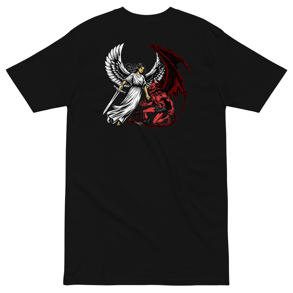 Black men's heavyweight t-shirt with Angel vs. Demon graphic featuring a white-winged angel and a red demon.