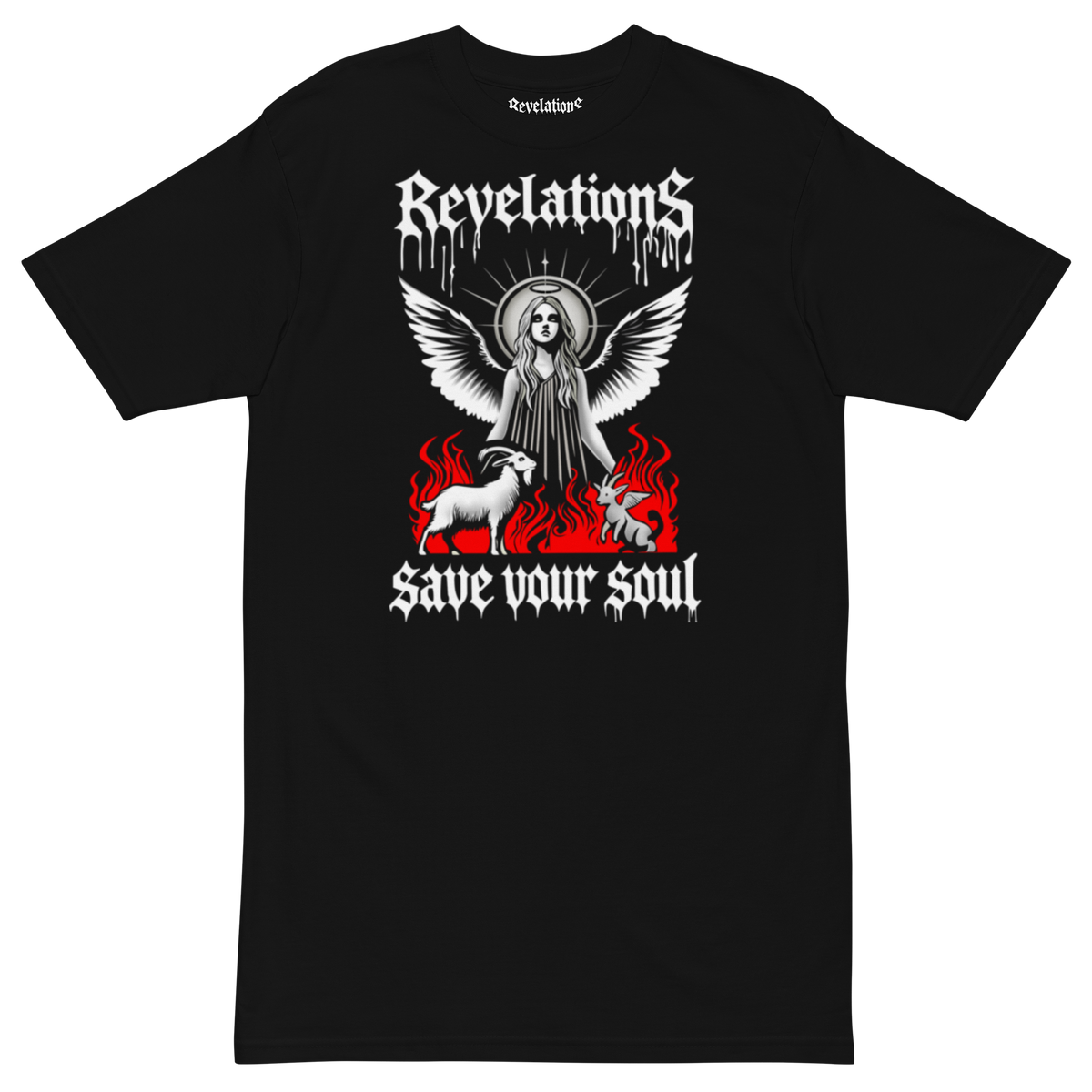 Black Rising Angel t-shirt with angel graphic, flames, and "Revelations save your soul" text design