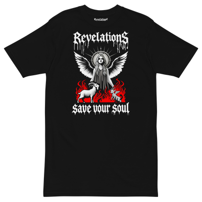 Black Rising Angel t-shirt with angel graphic, flames, and "Revelations save your soul" text design