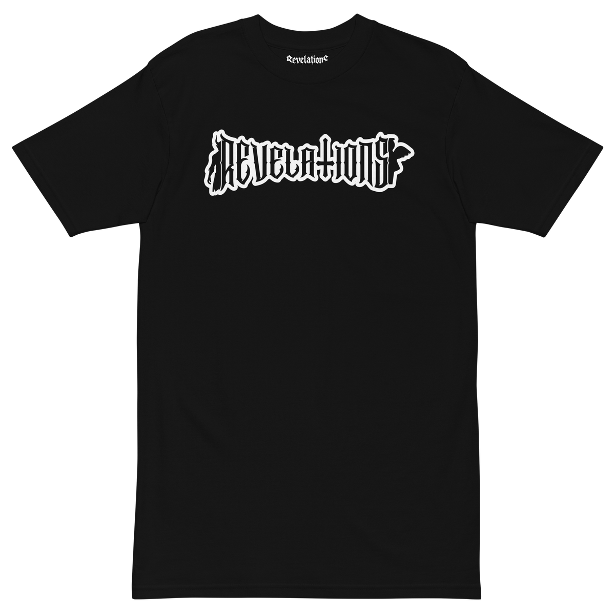 Black men's premium heavyweight tee with white stylized "Revelations" text on chest, featuring a regular fit and durable ring-spun cotton fabric.