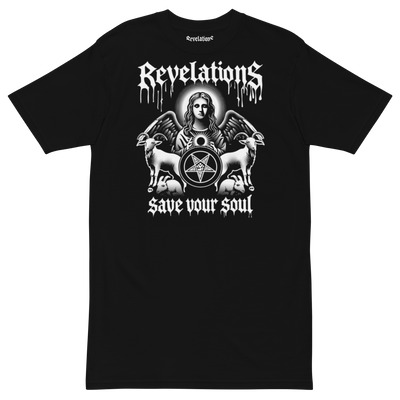 Black heavyweight men’s t-shirt featuring gothic "Hades Angel" design with angel, goats, pentagram, and "Revelations save your soul" text