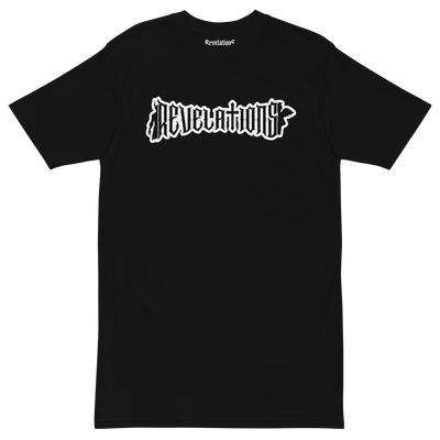 Men’s premium heavyweight tee in black with bold white "Revelations" text, made from durable and soft ring-spun cotton, featuring a regular fit and structured design.
