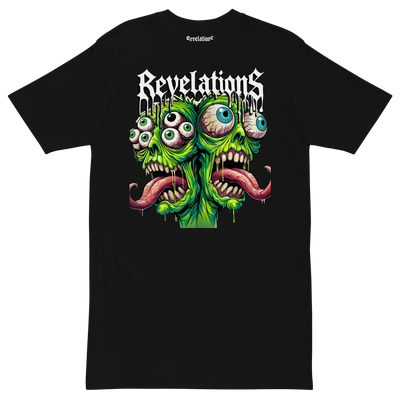 Black Twin Zombiies graphic t-shirt with a vibrant, grotesque two-headed green zombie illustration and white "Revelations" text above the design