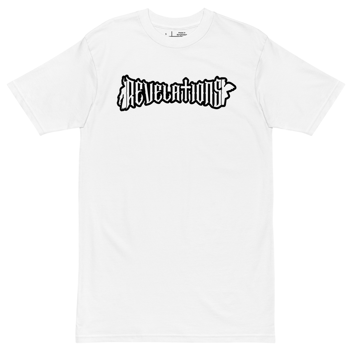 White men's premium heavyweight tee with bold black "Revelations" graphic text on front