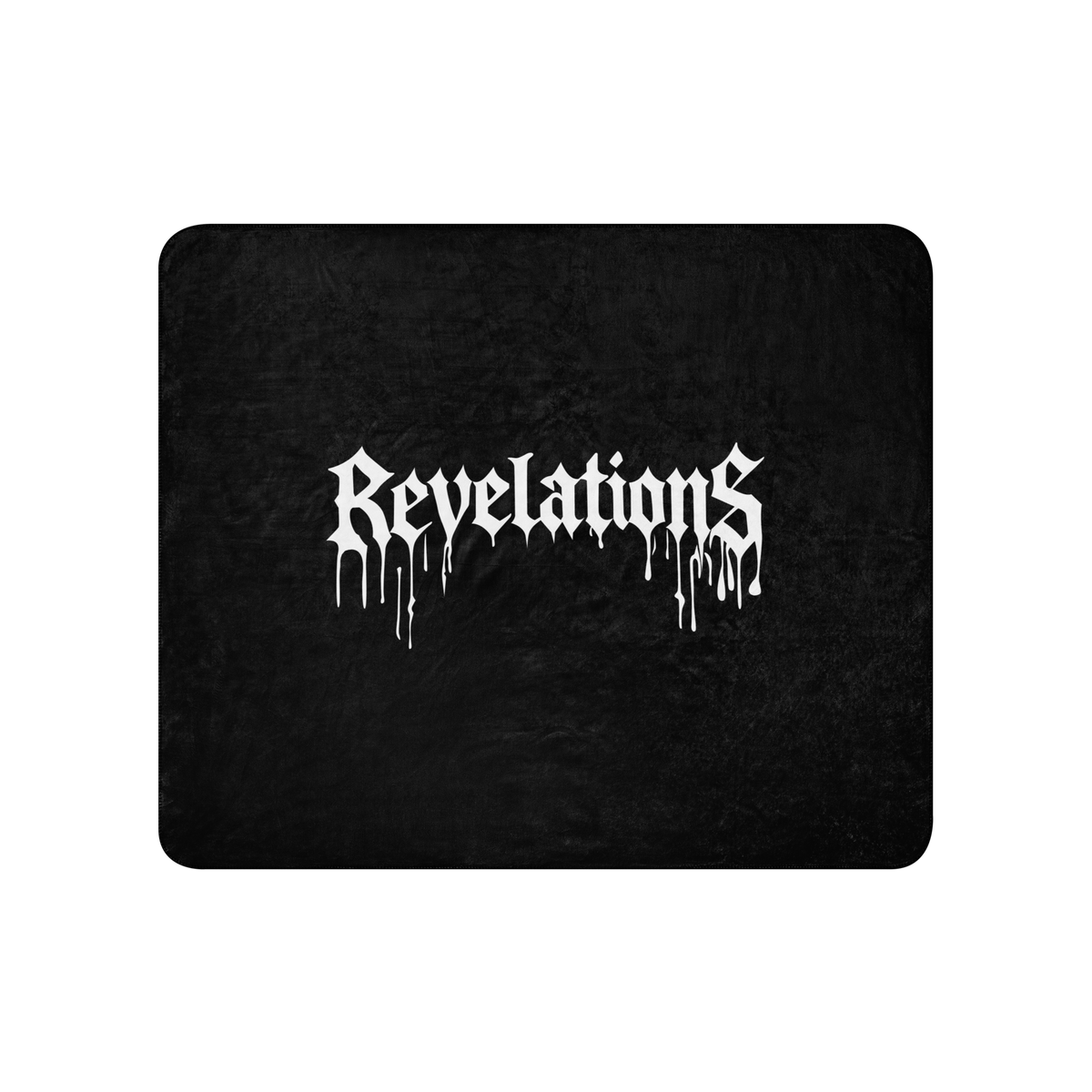 Black Sherpa of Revelations blanket with white dripping text logo made from 100% polyester fibers