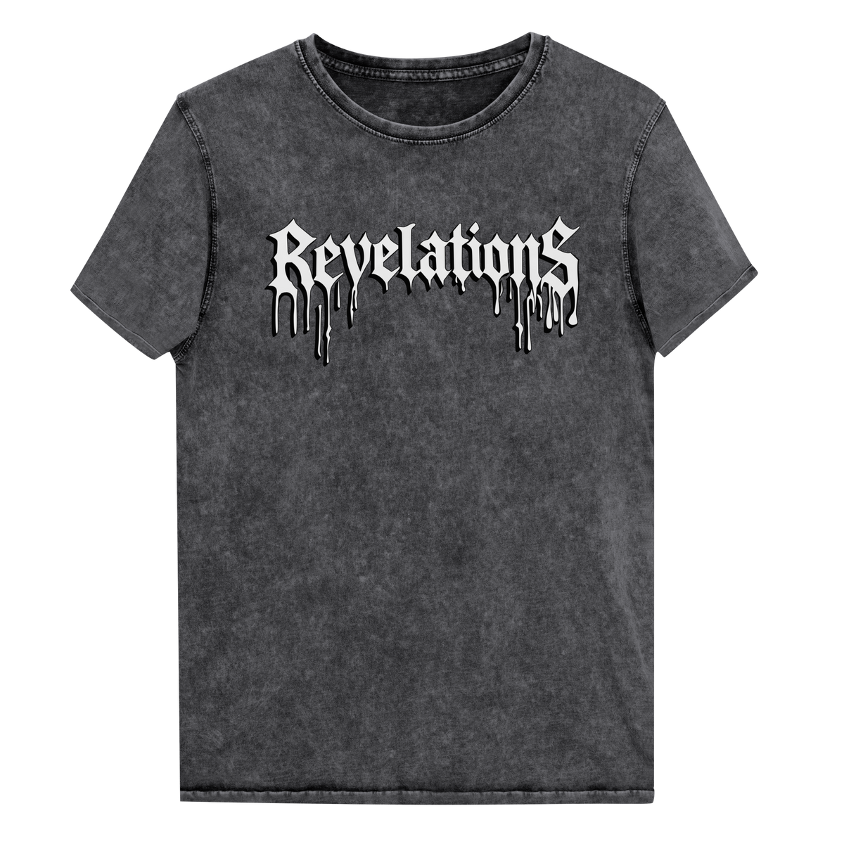 GhostCore ThreadRot black washed cotton t-shirt with "Revelations" dripping text design and rounded neckline