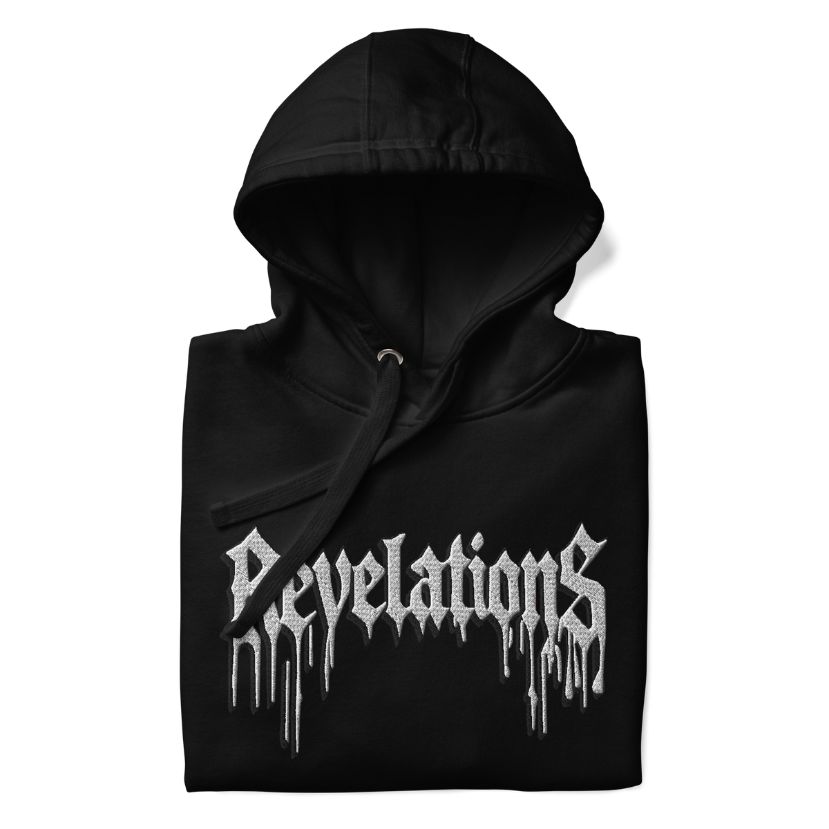 Black GhostStitch: Ghostcore hoodie with white dripping "Revelations" text, 100% cotton face, front pouch pocket, adjustable hood with matching drawstrings.